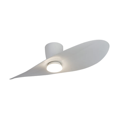 Surfer Ceiling Fan with Light 1.12m in white, single asymmetric wing-shaped blade with a central round LED light and compact motor housing, shown on a plain white background.