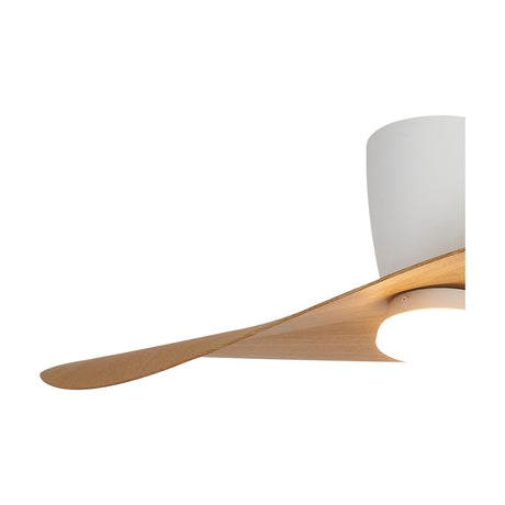 Close-up of the Surfer Wood Ceiling Fan with Light, showing a curved wood blade and white integrated LED housing against a plain white background.