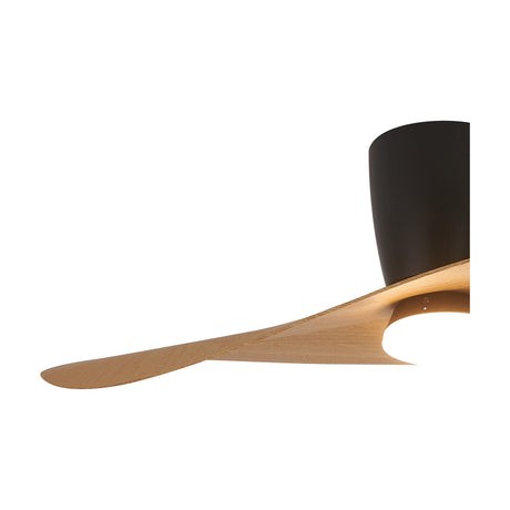 Close-up of the Surfer Wood Ceiling Fan with Light, showing a curved wooden blade beneath a matte black integrated LED housing, set against a plain white background.