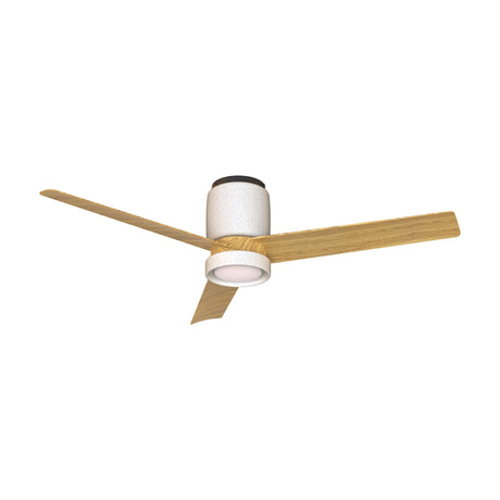 Ceramica Ceiling Fan with Light 1.22m in white ceramic, featuring a speckled cylindrical motor housing with three wood-toned blades and an integrated LED downlight, shown on a plain white background.