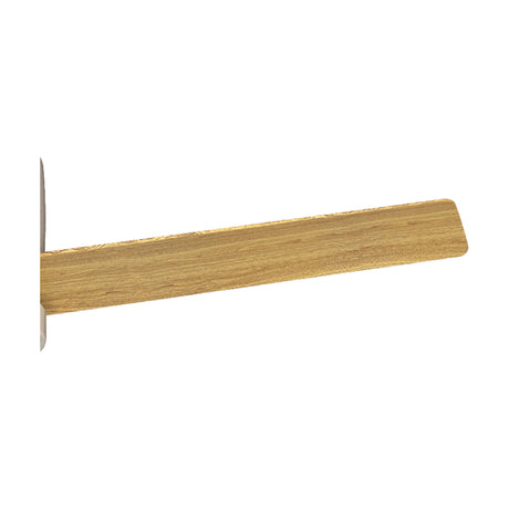 Close-up of a single wood-finish ceiling fan blade with integrated LED light strip along the edge, shown against a plain white background.