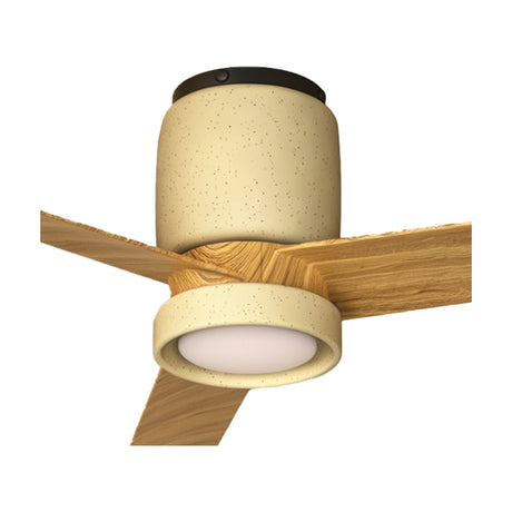 Ceramica 1.22m ceiling fan with light, close-up of speckled beige ceramic housing and integrated LED disc light with wooden blades, on a plain white background.