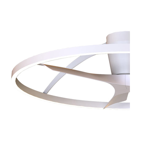 Close-up of the Nepal Ceiling Fan with Light 1m in white, showing the circular LED ring shade with crossover fan blades and central motor housing against a plain background.