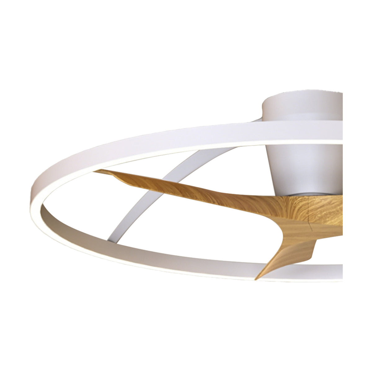 Close-up of the Nepal Wood Ceiling Fan with Light, showing a white circular ring frame with wood-tone fan blades and central white motor housing on a plain background.