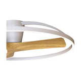 Close-up of the Nepal Wood Ceiling Fan with Light, showing curved white rings with integrated LED edge lighting and a light wood-toned fan blade, set against a plain white background.