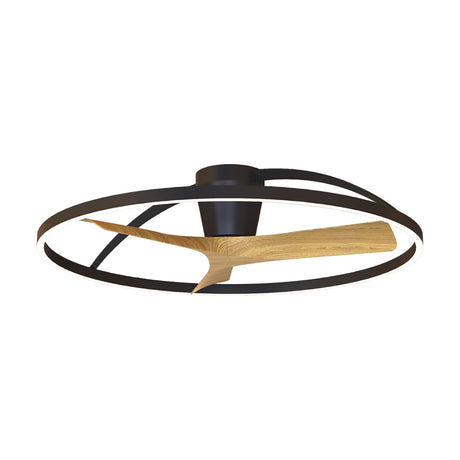 Nepal Wood Ceiling Fan with Light 1m in black, featuring a round LED ring frame with two curved wood-effect blades, on a plain white background.