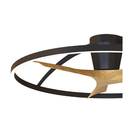 Close-up of the Nepal Wood Ceiling Fan with Light 1m, showing a black ring frame with LED strip, wood-toned blade, and matte black motor housing on a white background.