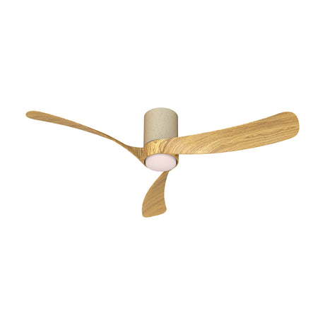 Nemo ceiling fan with integrated LED light, featuring three wood-finish blades, a white ceramic light diffuser and cylindrical body, shown on a plain white background.