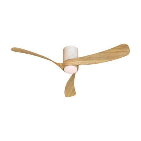 Nemo ceiling fan with light, 1.22m span, three wood-finish blades, white ceramic motor housing and integrated LED, shown on a plain white background.