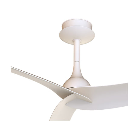 Close-up of the Ipanema Ceiling Fan 1.17m Dia in white, showing the sleek motor housing, mounting canopy, and curved blade detail against a plain white background.