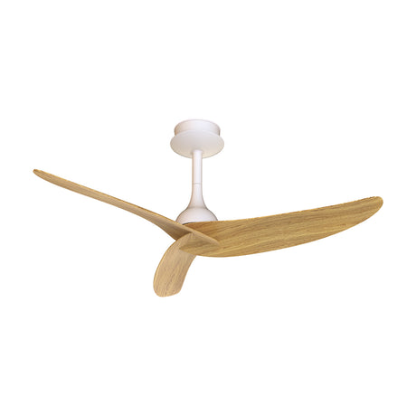 Ipanema ceiling fan with a white body, short downrod, and three curved wood-toned blades, 1.17m diameter, shown against a plain white background.