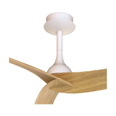 Ipanema ceiling fan with white motor housing and curved wood-toned blades, 1.17m diameter, shown close-up against a plain white background.