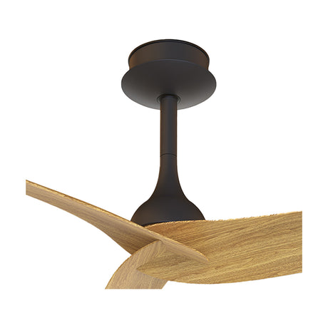 Close-up of the Ipanema 1.17m ceiling fan showing the matte black motor housing, downrod, and mount alongside wood-tone blades, set against a plain white background.