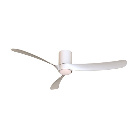 Nemo 19W Ceiling Fan with Light, 1.32m span, in white, showing a cylindrical motor housing, integrated LED with opal diffuser, and three curved blades, on a plain white background.