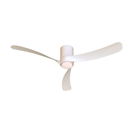 Nemo ceiling fan with light in white, three curved ABS blades, cylindrical motor housing with integrated LED and diffuser, shown against a plain white background.