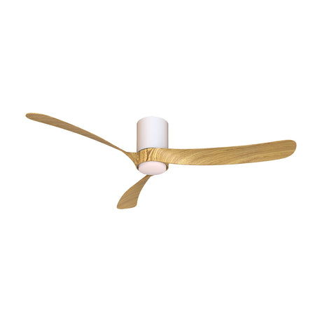 Nemo ceiling fan with integrated LED light, three wood-tone blades, white cylindrical motor housing and centre light disc, shown on a plain white background.