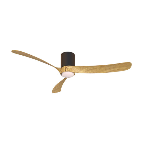 Nemo ceiling fan with integrated LED light, 132cm span, three light wood-tone blades, black cylindrical motor housing, round opal glass diffuser, shown against a plain white background.