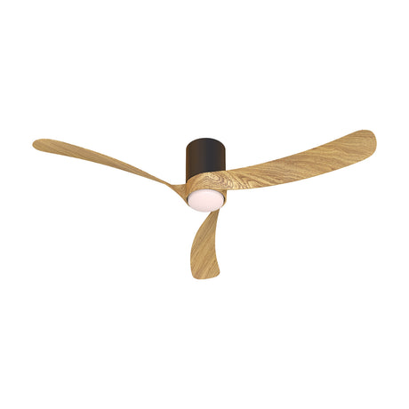 Nemo ceiling fan with integrated LED light, featuring three curved wood-effect blades, a black cylindrical motor housing, and a round white light fitting, shown on a plain white background.