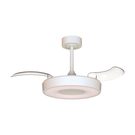Coin 36W ceiling fan with light, 91cm, white finish with round LED ring shade and two curved retractable blades extended, shown on a plain white background.