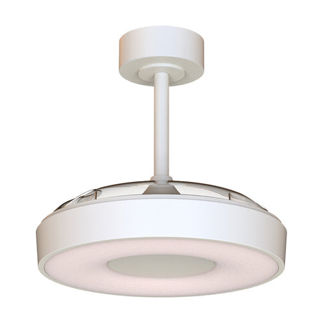Coin 36W ceiling fan with light, round white fixture with concealed fan blades and glowing ring shade on a short white rod, shown against a plain white background.