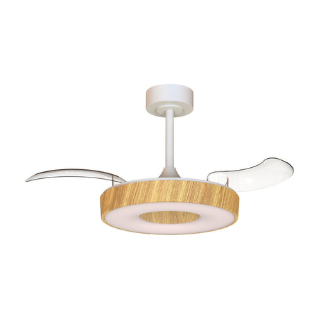 Coin 36W ceiling fan with light, 91cm wood-finish disc housing a white LED centre, with two curved retractable blades extended, on a white ceiling rod, plain white background.
