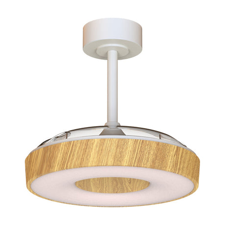 Coin ceiling fan with light, 91cm wood-finish disc with white centre panel, LED ring, and short white ceiling rod, shown on a plain white background.