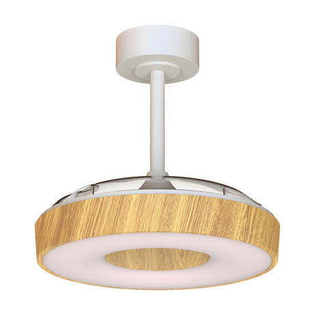 Coin ceiling fan with light, 91cm wood disc with white centre and integrated LED ring, mounted on a white ceiling rod against a plain white background.