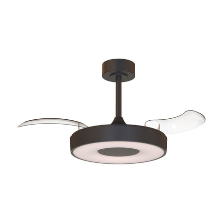 Coin 36W ceiling fan with light, 91cm span, black finish with a shallow disc LED and two curved retractable blades, shown on a plain white background.