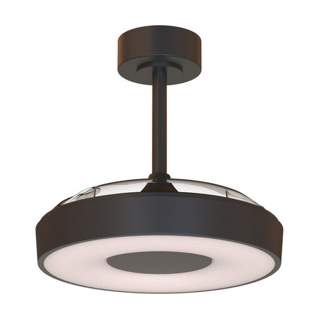 Coin ceiling fan with light, 91cm black disc fixture with concealed retractable blades and integrated LED, on a stem mount against a plain white background.