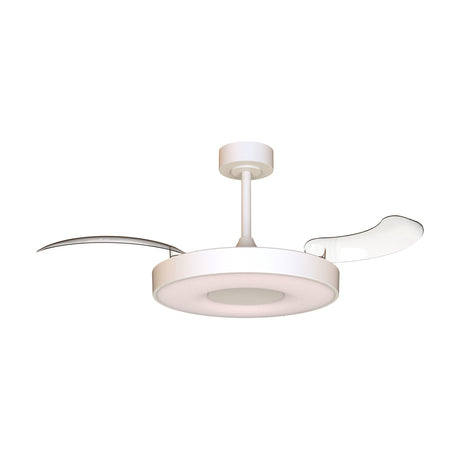Coin 40W ceiling fan with light, 1.06m span, white finish with two curved blades and a round central LED light panel, shown on a plain white background.