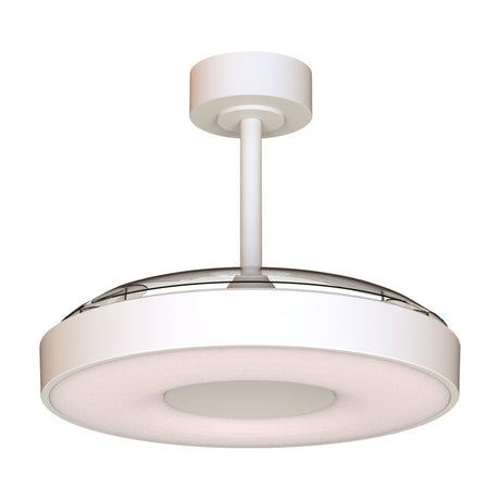 Coin 40W ceiling fan with light, round white fitting with concealed blades and integrated LED disc shade, mounted on a short ceiling rod against a plain white background.