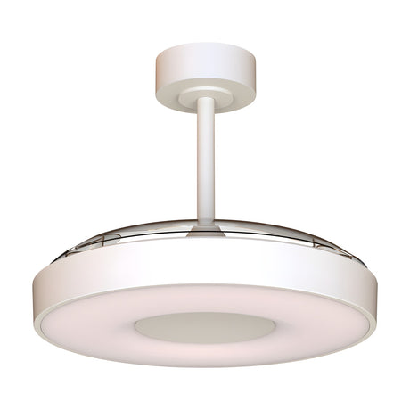 Coin ceiling fan with light in white, showing a round LED light panel with concealed fan blades and a short ceiling rod, on a plain white background.