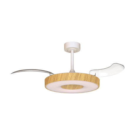 Coin ceiling fan with LED light, 1.06m wood-finish disc with integrated white shade, retractable blades and white ceiling mount, shown on a plain white background.
