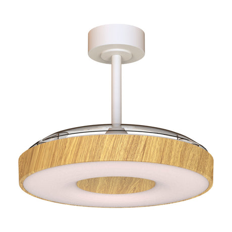 Coin ceiling fan with light, round wood-finish disc fixture with white centre diffuser on a white ceiling rod mount, shown against a plain white background.