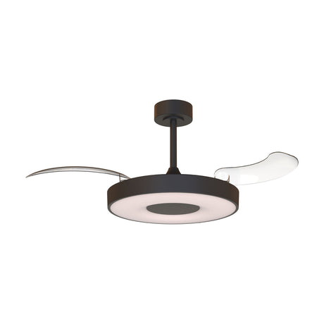 Coin 40W Ceiling Fan with Light, black disc fixture with white glow diffuser and two extended blades on a ceiling rod mount, shown against a plain white background.