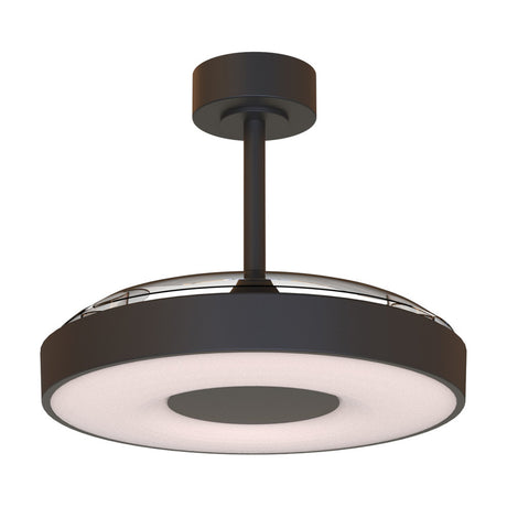 Coin 40W Ceiling Fan with Light, a black disc-shaped fixture with concealed integrated LED ring and central rod ceiling mount, shown against a plain white background.