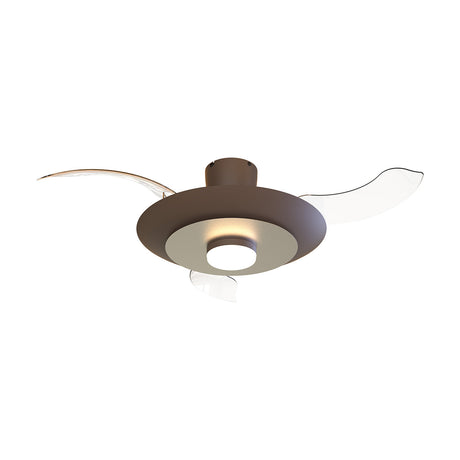 Kyoto Ceiling Fan with Light 1.06m in coffee finish, wide domed housing with three curved transparent blades and a central integrated LED light, shown on a plain white background.