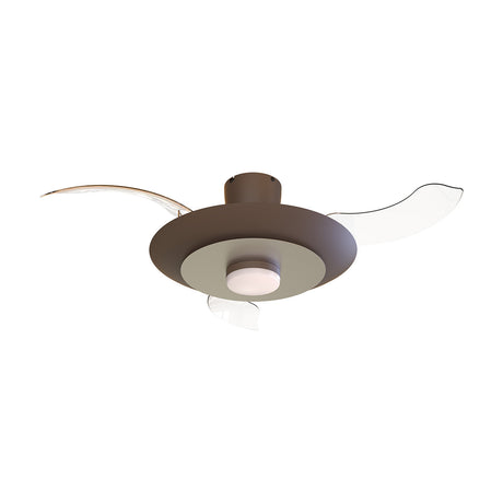 Kyoto 1.06m ceiling fan with light in coffee finish, featuring three curved transparent blades and a round integrated LED light with white diffuser, shown on a plain white background.
