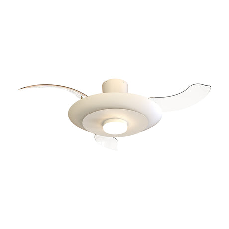 Kyoto Ceiling Fan with Light 1.06m in white, showing a round disc body with integrated LED downlight and three curved transparent blades, shown on a plain white background.