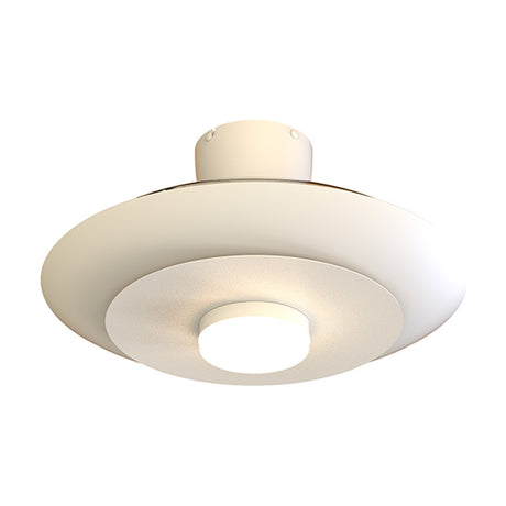 Kyoto Ceiling Fan with Light 1.06m in white, shown at an angle with a broad disc-shaped body, central round LED diffuser, and short ceiling mount, set against a plain white background.