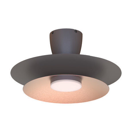 Patagonia Ceiling Fan with Light 1.06m in coffee finish with brushed copper trim, integrated LED disc light glowing beneath the fan body, shown on a plain white background.