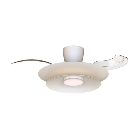 Patagonia ceiling fan with light, 1.06m span, in white finish with a central round LED shade and slender curved blades, shown on a plain white background.
