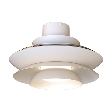 Aconcagua ceiling fan with integrated LED light, tiered white finish design with central diffuser, shown on a plain white background.