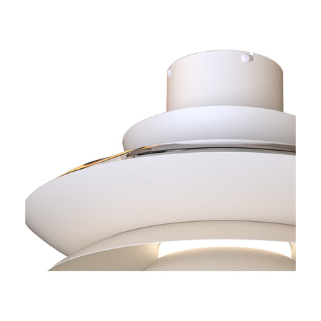Close-up of the Aconcagua ceiling fan with light, showing the white housing, mounting canopy, and integrated LED light ring, on a plain white background.