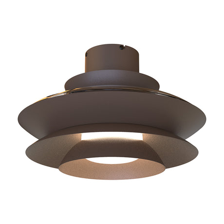 Aconcagua 1.06m ceiling fan with integrated light in a coffee finish, tiered layered design with a central LED ring glowing warm white, shown on a plain white background.
