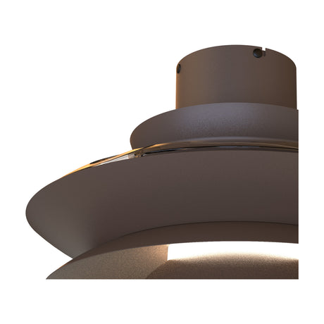 Close-up of the Aconcagua Ceiling Fan with Light in coffee-toned finish, showing the integrated LED light strip beneath curved fan blades, on a plain white background.