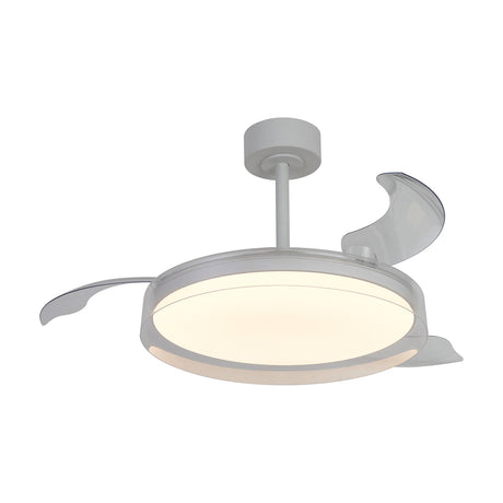Ceiling fan with light, white housing and round LED light diffuser, clear retractable fan blades extended, shown on a plain white background.