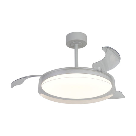 Ceiling fan with LED light, round white housing with clear glass diffuser and retractable blades, mounted on a white ceiling rod against a plain background.
