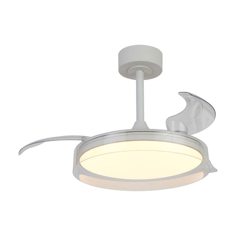 White ceiling fan light with integrated LED, round frosted diffuser and clear retractable blades, shown on a plain background.