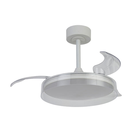 Ceiling fan with integrated LED light, 91cm span, white body with clear polycarbonate blades and round diffuser, shown on a plain white background.